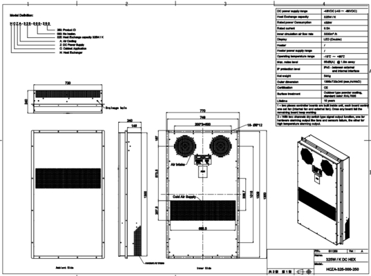 Échangeur de chaleur d'enceinte 48VDC 325W/K avec communication RS485 MODBUS RTU